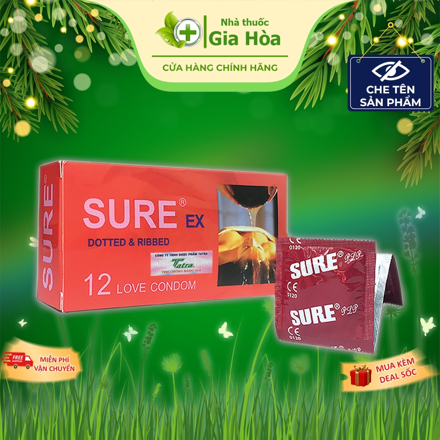 Bao cao su Sure siêu mỏng, có gân, gai giúp tăng cảm giác cuộc yêu (BCS hộp 12 cái) (CHÍNH HÃNG)