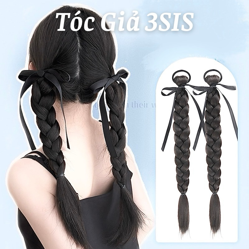 ( ẢNH THẬT ) Bính tóc giả tết đính nơ ruy băng, tóc giả tết thắt bính nơ 2 bên, tóc tết giả dễ thươn