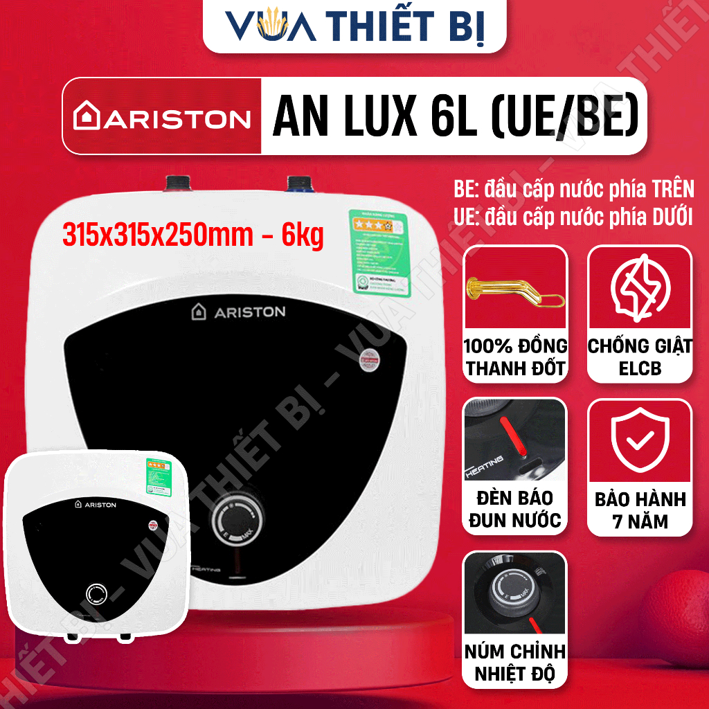   6L  ARISTON AN LUX 6 lít vuông  BE  cấp trên  UE  cấp dưới - Bình nóng lạnh gián tiếp bếp rửa bát ANDRIS 1.5FE 1500W 