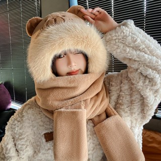 Mũ lông cừu nữ Capybara dễ thương mới mũ len kèm khăn quàng cổ và găng tay 3 trong 1 dày lên ấm áp thu đông