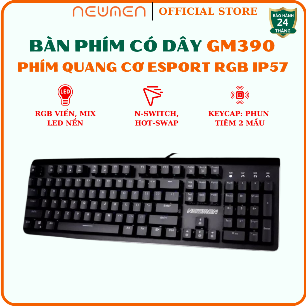 Bàn phím cơ có dây Gaming Newmen GM390, Hotswap, Khung nhôm, Keycap phun kép siêu bền, LED RGB, chốn