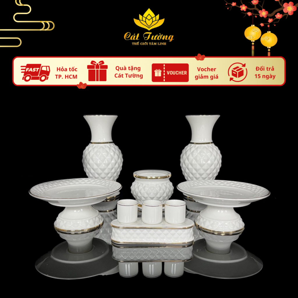 Bộ Thờ Cúng (MS 2021) Lư Hương, Bình Hoa, Đĩa Trái Cây Gốm Sứ Tráng Men Cao Cấp - Đồ Thờ Cát Tường