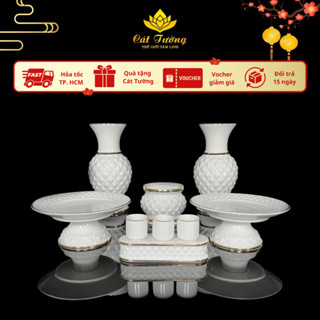 Bộ Thờ Cúng (MS 2021) Lư Hương, Bình Hoa, Đĩa Trái Cây Gốm Sứ Tráng Men Cao Cấp - Đồ Thờ Cát Tường