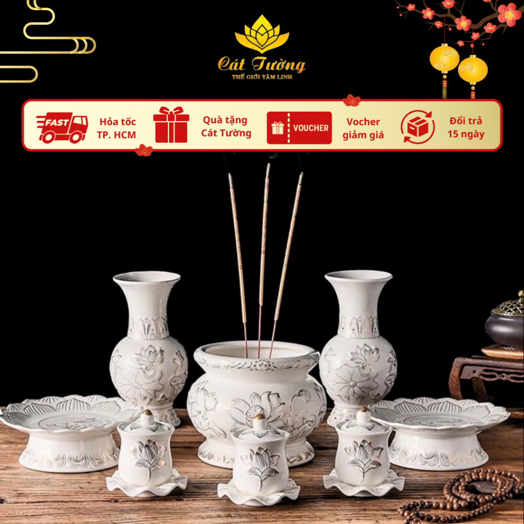 [LOẠI 1] Bộ Thờ Cúng Bạch Ngọc Hoa Sen Nổi, Lư Hương,Bình Hoa,Đĩa Trái Cây,Chum Nước Chất Liệu Gốm Sứ Tráng Men Cao Cấp