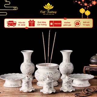 [LOẠI 1] Bộ Thờ Cúng Bạch Ngọc Hoa Sen Nổi, Lư Hương,Bình Hoa,Đĩa Trái Cây,Chum Nước Chất Liệu Gốm Sứ Tráng Men Cao Cấp