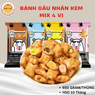 Bánh Gấu Nhân Kem, Bánh Gấu Mix 4 Vị Socola, Sữa Chua, Dâu, Sữa Giòn Xốp Siêu Ngon Thùng 650 Gram