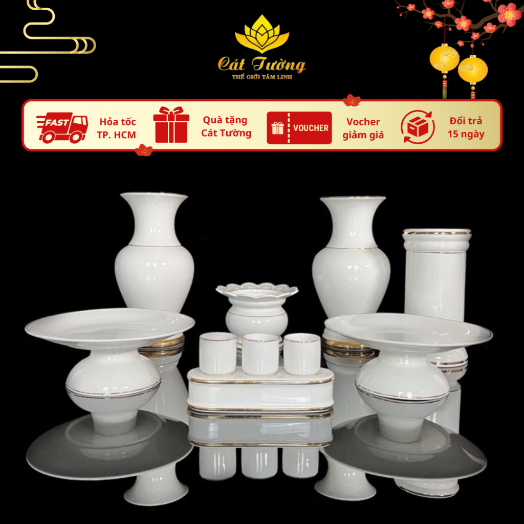 Bộ Thờ Cúng (MS 1515T) Lư Hương, Bình Hoa,Đĩa Trái Cây,Khay Nước Gốm Sứ Tráng Men Cao Cấp-Đồ Thờ Cát Tường