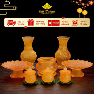 Bộ Thờ Cúng Lưu Ly Vàng Cao Cấp, Lư Hương, Bình Hoa, Đĩa Trái Cây, Chum Nước - Đồ Thờ Cát Tường