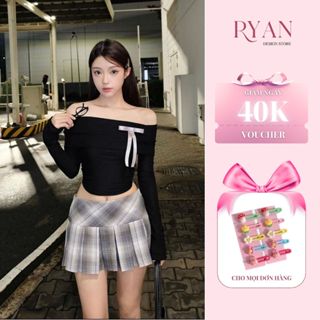 Set váy áo thun nơ trễ vai dài tay và chân váy caro - có tách set (H2) - Ryan Design Store