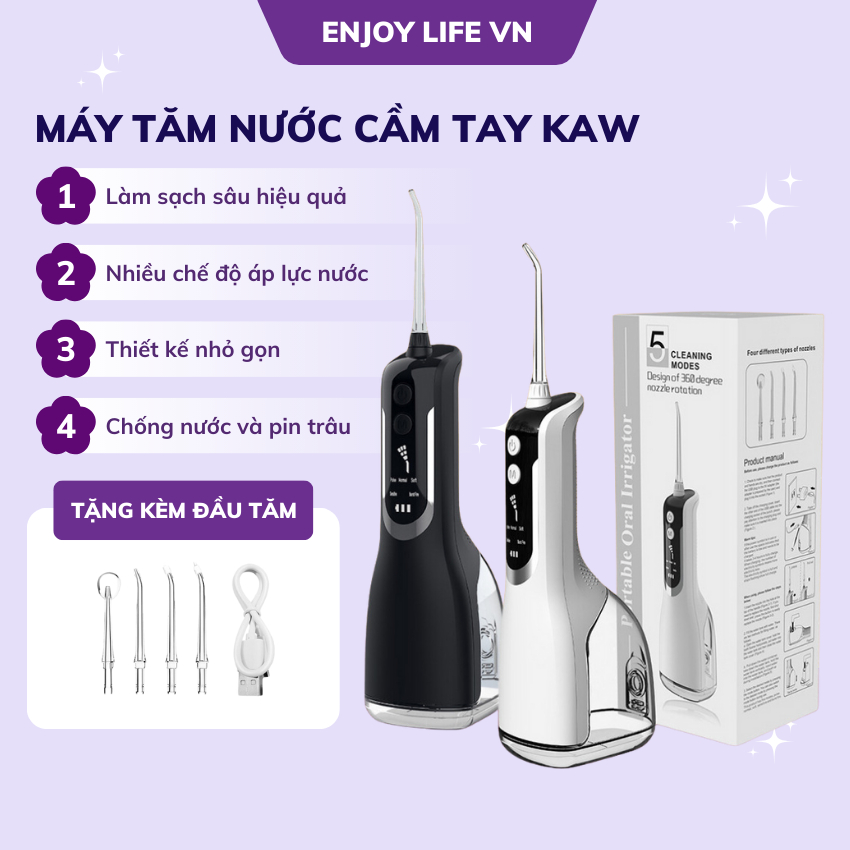 Máy tăm nước cao cấp KAW, Tia nước siêu âm,5 chế độ làm sạch, Sạc nhanh, dùng 30 ngày, Khỏi đau răng