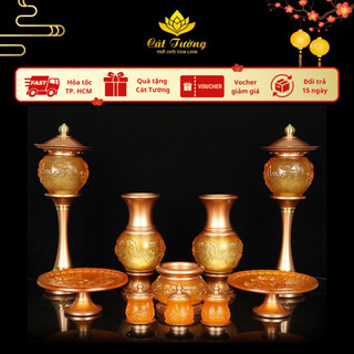  Bộ Thờ Cúng Gồm Lư Hương Bình Hoa Đĩa Trái Cây Khay Nước Chất Liệu Lưu Ly Đồng Cao Cấp - Đồ Thờ Cát Tường 