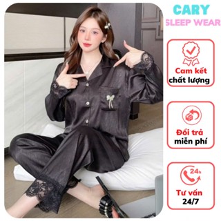  Bộ đồ ngủ pijama mặc nhà lụa pijama lụa tiểu thư tay dài phối nơ túi sang chảnh chất lụa xước ánh kim cao cấp CARY 