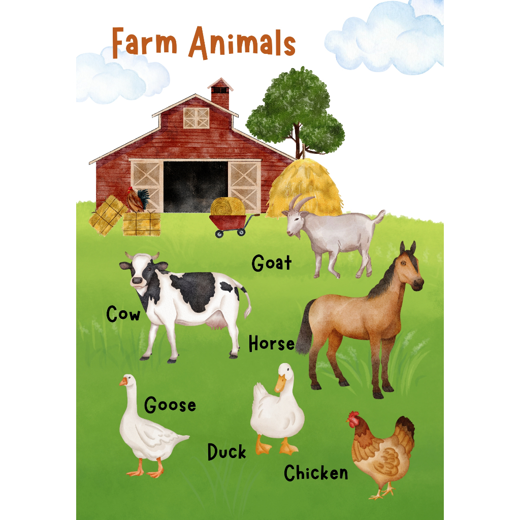 [Digital File Only] Farm Animals Poster Green Watercolor