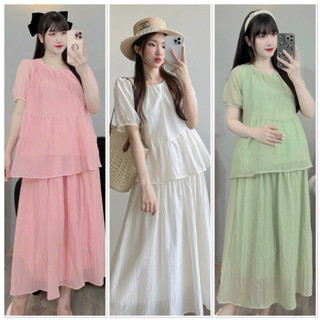 Sét bầu suông ÁO KÈM CHÂN VÁY xinh như nàng thơ TƠ TẰM HAI LỚP mềm sang chảnh tiểu thư S23 3 màu KEM HỒNG XANH