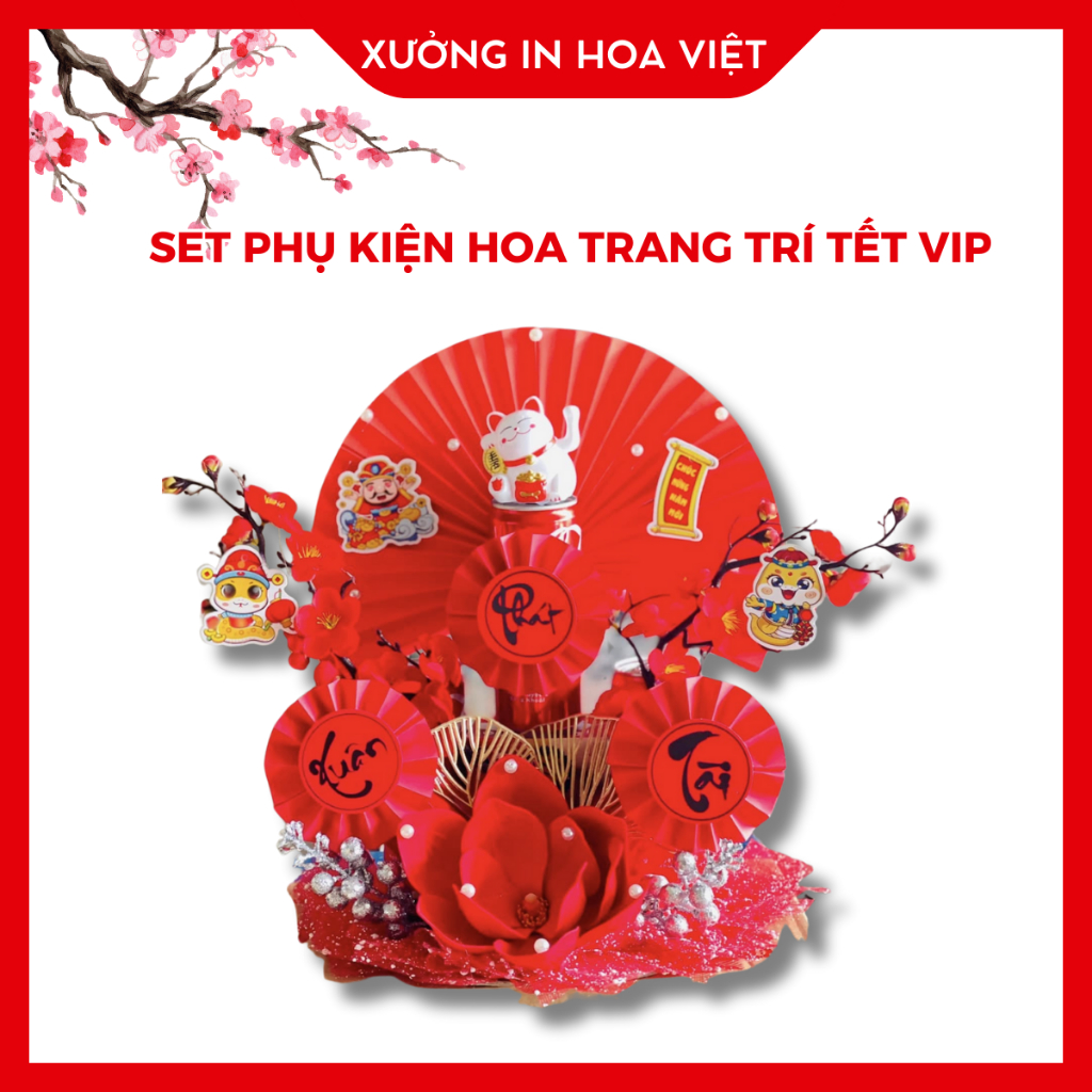 Set Hoa Trang Trí Tết Vip Hoa Mộc Lan, Hoa Đào cổ, Set Hoa trang Trí Tháp Bánh Oản Tài Lộc