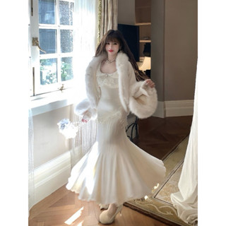  Set 2 món áo khoác mùa đông lông hồ ly + đầm nữ đuôi cá đính hạt phong cách Hàn Quốc 