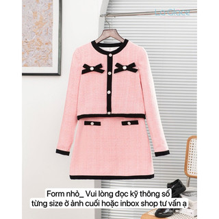 Set áo chân váy bé gái chất liệu dạ phối nơ nhung cao cấp - La Glace (FORM NHỎ-Vui lòng inbox shop tư vấn)