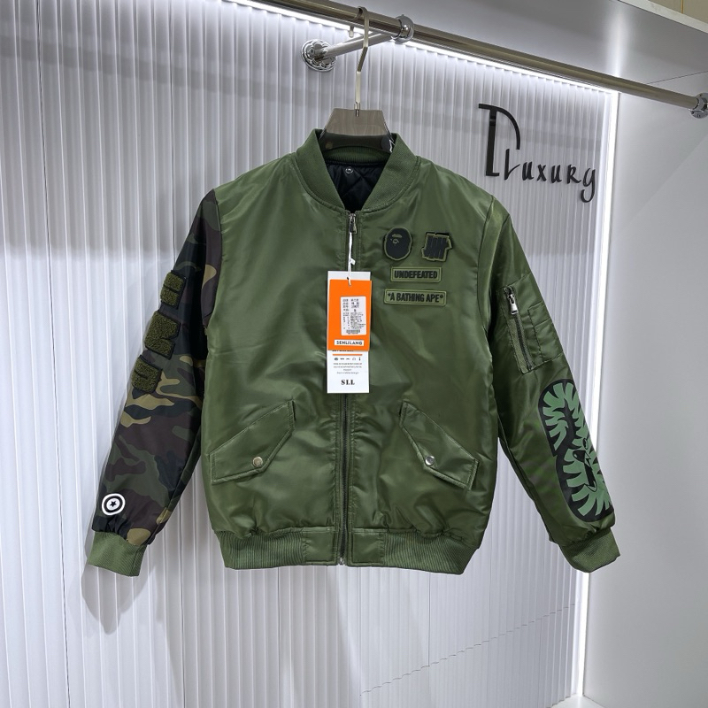 ⚜️[HÀNG CAO CẤP] – Áo Khoác Bomber Bape Xanh Rêu Hoạ Tiết Camo Cá Mập 2 Lớp Trần Bông - Áo Khoác Pha