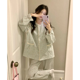 Bộ đồ ngủ dài tay cotton pijama mặc nhà nữ bigsize đáng yêu ren kẻ tiểu thư thời trang thu đông phong cách ins 018