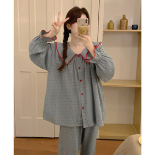 Bộ ngủ tay dài cotton pijama mặc nhà nữ chấm bi cổ sen bigsize siêu xinh dễ thương tiểu thư QC thu đông 019