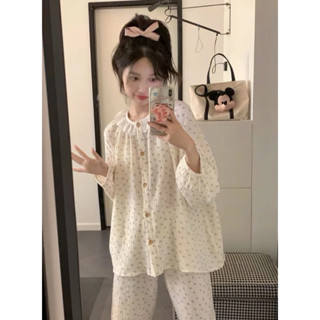 Bộ ngủ dài cổ tròn phối ren họa tiết hoa nhí dễ thương cotton pijama bộ bầu bigsize mặc nhà thời trang đông 114