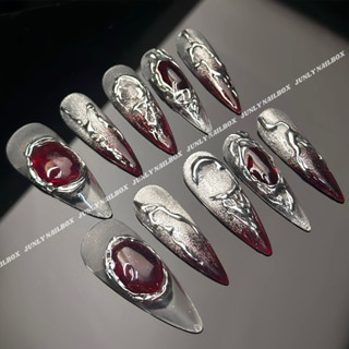 Nailbox Thiết Kế thủ Công, Móng Tay Giả Mắt Mèo Tông Đỏ Tráng Gương Ngày Tết Chụp Ảnh Siêu Xinh Lắp Lánh Bling 341