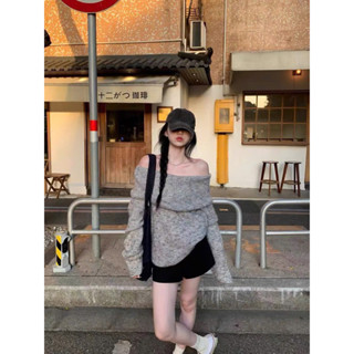 Áo len trễ vai muối tiêu dài tay dáng rộng bản to hàng QCCC Look by Trang