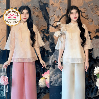  Đồ bộ đi chùa cổ tàu tơ hoa 3D 2 lớp mềm mịn Pháp phục đi chùa cách tân mặc lễ tết Đồ lam tay lỡ voan tơ mát 