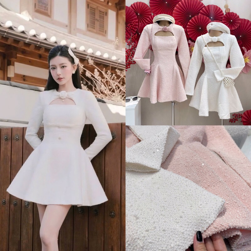 Đầm Váy Dạ Tweed Tay Dài Đính Hoa Trà Khoét Ngực Dáng Xoè Tiểu Thư Màu Trắng Hồng