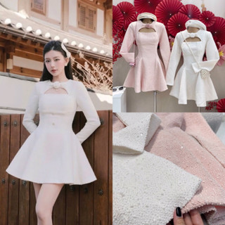  Đầm Váy Dạ Tweed Tay Dài Đính Hoa Trà Khoét Ngực Dáng Xoè Tiểu Thư Màu Trắng Hồng 