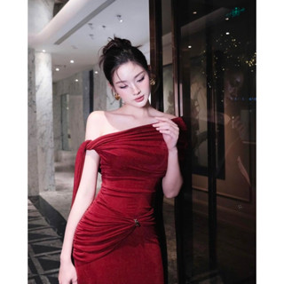 Đầm Body Maxi Lệch Vai Choàng Cột Tà Thiết Kế Nhún Cài Charm Sang Trọng Ôm Body Tôn Dáng  D2T OFFICIAL