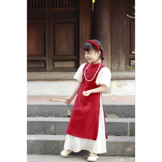 ❤️ Sét Áo Dài Đỏ Phối Tay Bồng + Chân Váy Lụa Cho Bé Gái Dễ Thương- Tặng kèm Tua Rua Siu Xinh