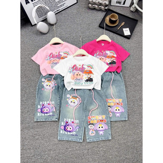 (14–33kg) Sét áo cộc tay baby three + quần jean mềm dáng xuông in chữ Girl Mũ Cam
