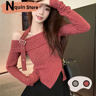  Áo len nữ tay dài trễ vai phối dây choàng cổ Áo bẹt vai tay dài cổ giả yếm vạt nhọn dáng ôm body siêu tôn dáng Nquin 