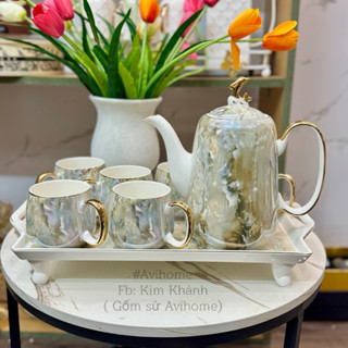 Bộ Ấm Chén Pha Trà Gốm Sứ Vân Đá Viền Vàng Ly Lớn, Khay Cao. Bộ Tách Trà Cao Cấp Màu Vân Đá  Decor Tết Phòng Khách