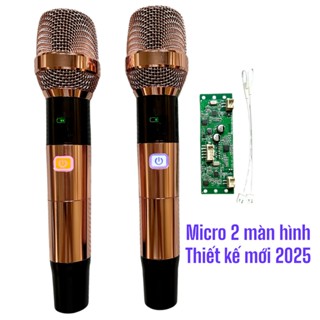 Micro loa kéo 2 màn hình B206V vàng đồng hợp kim mạ điện, micro hút tiếng, hát nhẹ, cầm chắc tay, nâng cấp micro cũ