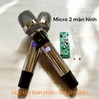Micro loa kéo 2 màn hình, màu mới Xám mạ điện, sang chảnh, hát nhẹ, cầm chắc tay, sử dụng pin AA 1,5V