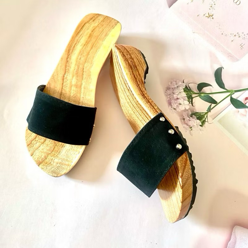 Guốc mộc guốc gỗ 5 phân quai nhung đen cao gót