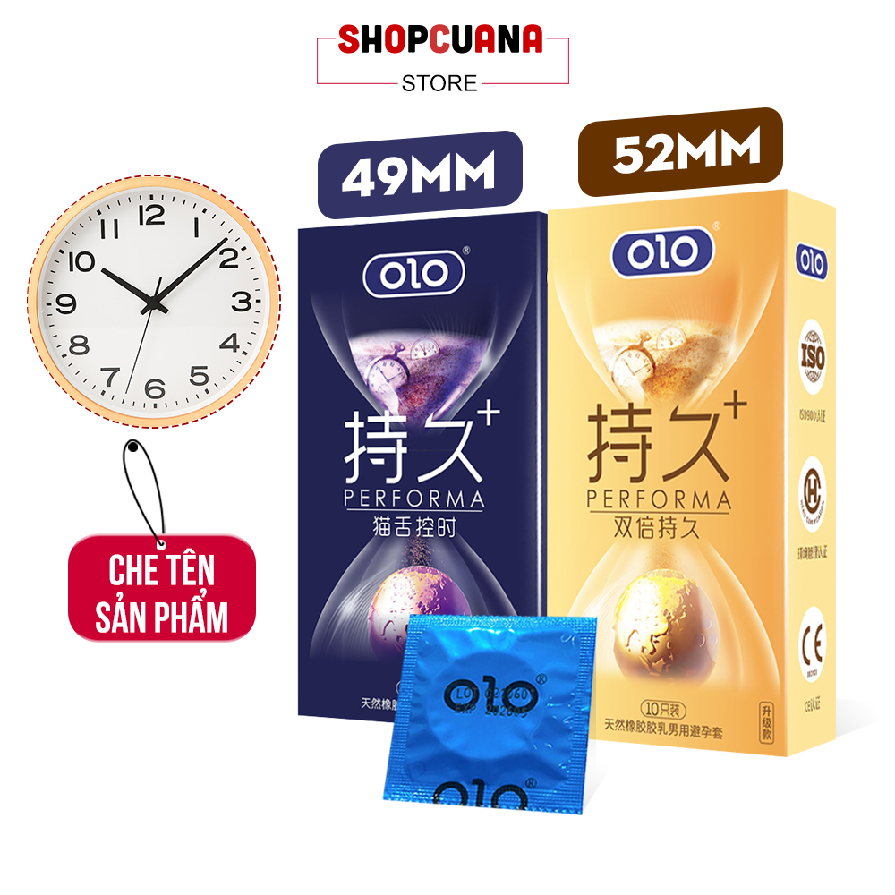 Combo Bao Cao Su Olo Performa Đồng Hồ Xanh Size 49mm Siêu Mỏng, Vàng Gân Gai Size 52mm (Hộp 10C)