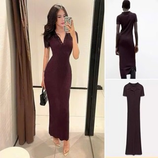 [102] Đầm len tăm dệt kim cổ bẻ dáng dài hàng xuất dư loại 1 dày dặn hai màu đỏ mận, đen cao cấp  bon chen tốt