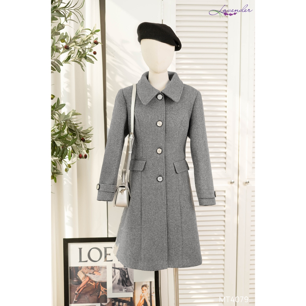 Áo măng tô nữ LAVENDER màu ghi chất dạ ép thiết kế cổ đức có túi thật MT4079
