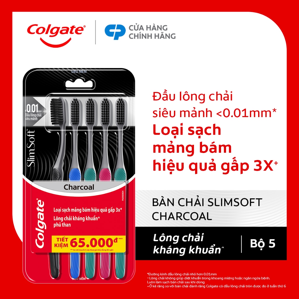   Livestream  Bộ 5 Bàn chải đánh răng Colgate than hoạt tính kháng khuẩn SlimSoft Charcoal mềm mảnh 