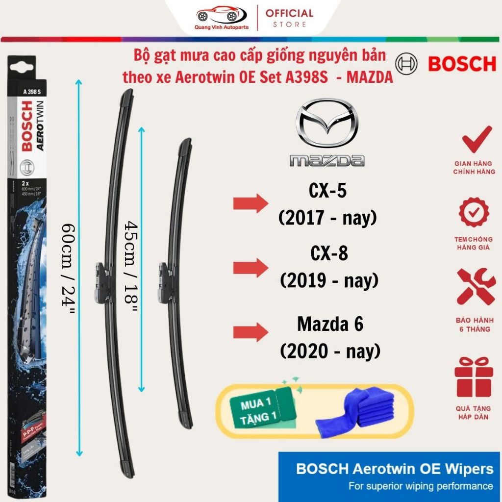 GẠT MƯA BOSCH AEROTWIN OE SET A398S 24"&18" MAZDA CX-5 (17-NAY)/ CX-8 (19-NAY)/ MAZDA 6 (20-NAY) - C