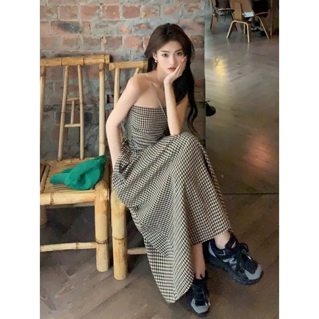 (Sẵn) Đầm Quây Ngực Caro Dáng Xoè Dài