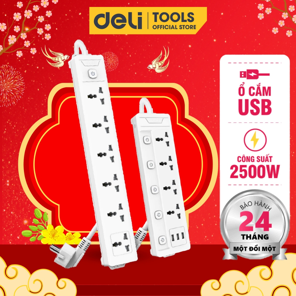 Ổ Cắm Điện Tích Hợp Cổng USB Đa Năng Deli , 2-6 Lỗ Cắm Đầu 3 Công Suất 2500W, Dây 2-5M Tiện Dụng, An