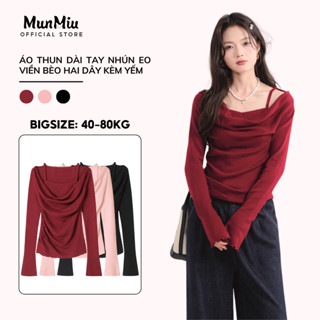 Áo thun nữ Bigsize MunMiu dài tay chất liệu thun giấy nhún eo viền bèo hai dây kèm yếm siêu xinh 392