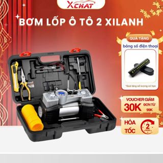 Bơm Lốp Ô Tô 2 Xi Lanh XCHAT  Công Suất Lớn, Kèm Bộ Phụ Kiện Sửa Chữa Vá Lốp - Bảo Hành 12 Tháng