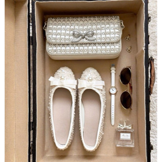 ( Chuẩn Ảnh Loại 1 ) Giày Búp Bê Ren Dạ Tweed Đính Nơ Ngọc Hot Trend Màu Đen Trắng Hồng