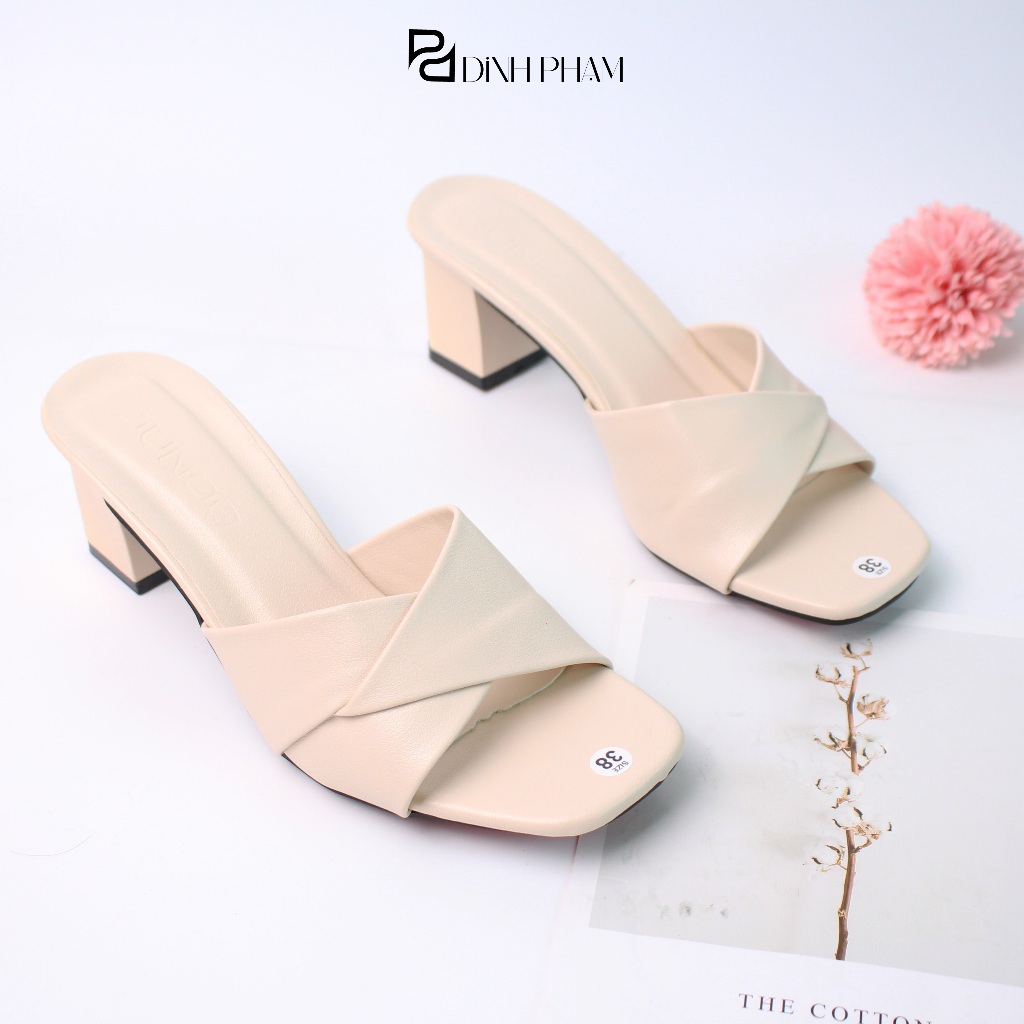 Dép quai vạt cao 5 phân màu kem mềm mại êm chân kèm đế cao su non chống trượt