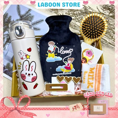 Bộ quà tặng bạn gái túi chườm bụng đa năng 350ml LABOON kèm bình giữ nhiệt và phụ kiện siêu xinh